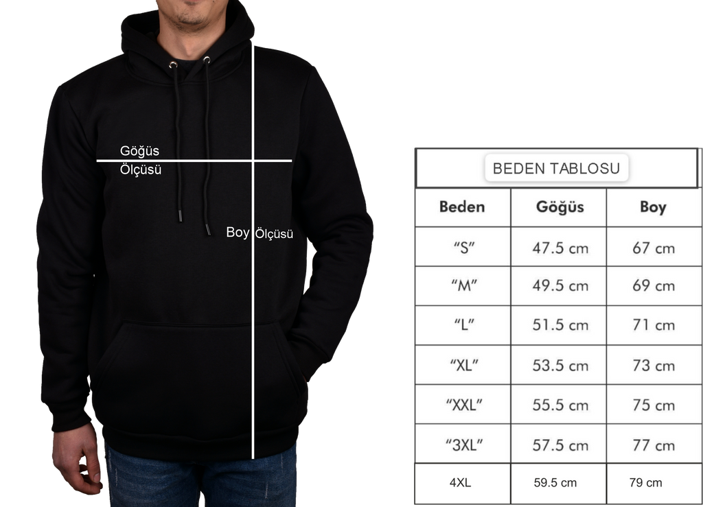 Siyah Baskılı  Kapüşonlu Sweatshirt- Üç İplik